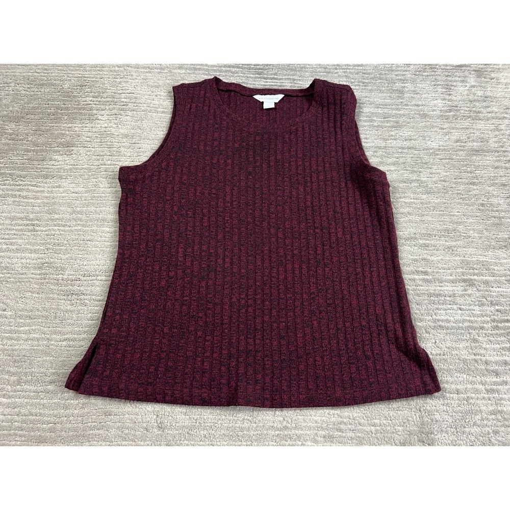 Liz Claiborne Tank Top Womens L Burgundy Ribbed Knit Crew Neck Sleeveless Marl